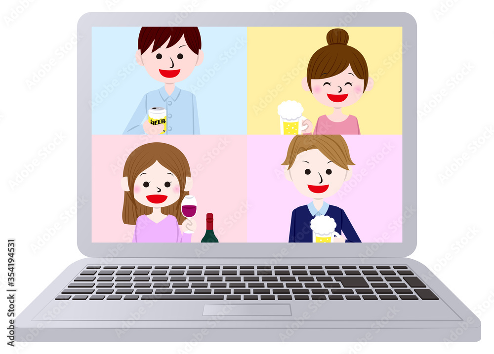 Illustration of people having an online drinking party Illustration of people having an online drinking party