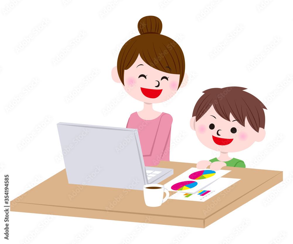Illustration of woman working from home and child Illustration of woman working from home and child