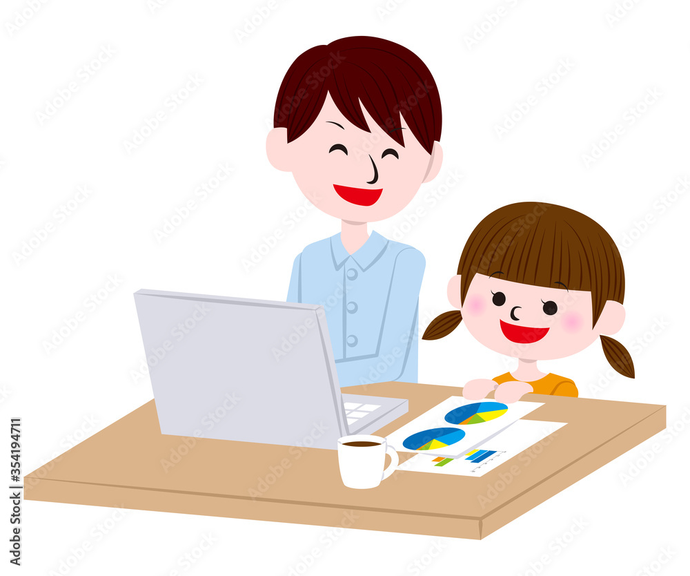 Illustration of man working from home and child Illustration of man working from home and child