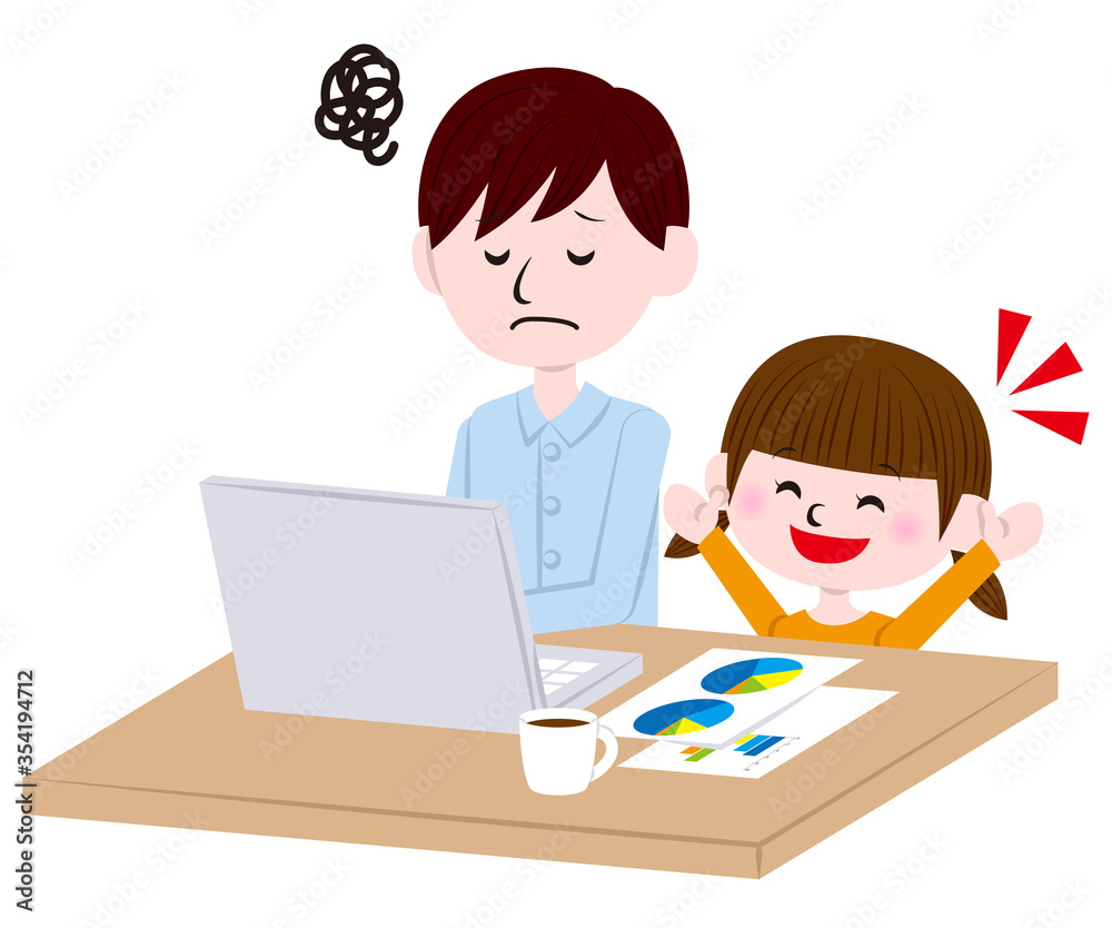 Illustration of man working from home while child making noise Illustration of man working from home while child making noise