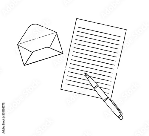 便箋と封筒と万年筆のイラスト　おしゃれでシンプルな手書き風線画