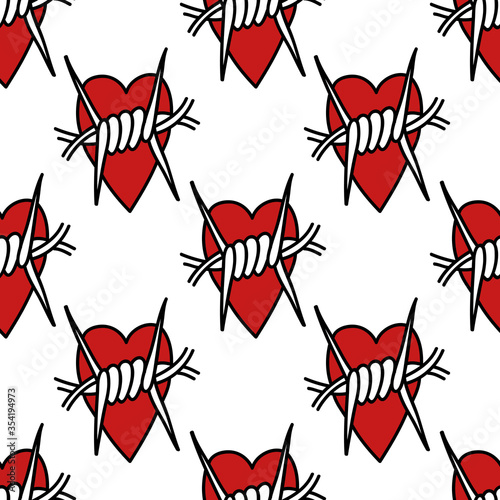 barbed wire heart seamless doodle pattern, vector illustration