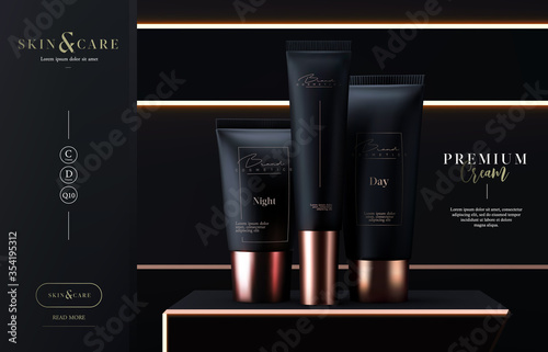 Luxury cosmetics tubes package skin care cream. Face mask, beauty cosmetic product poster, banner or flyer design. Black and gold cosmetics package template. Tube golden design commercial