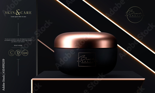 Luxury cosmetic face crem jar for skin care on black background. Beautiful cosmetic template for flyer or catalog. Makeup products brand. Realistic vector 3d black and gold matte cosmetic jar mock up.