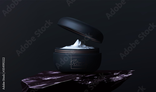 Luxury cosmetic face crem jar for skin care on black background. Beautiful cosmetic template for ads. Makeup products brand. Realistic vector 3d black and gold matte cosmetic jar mock up