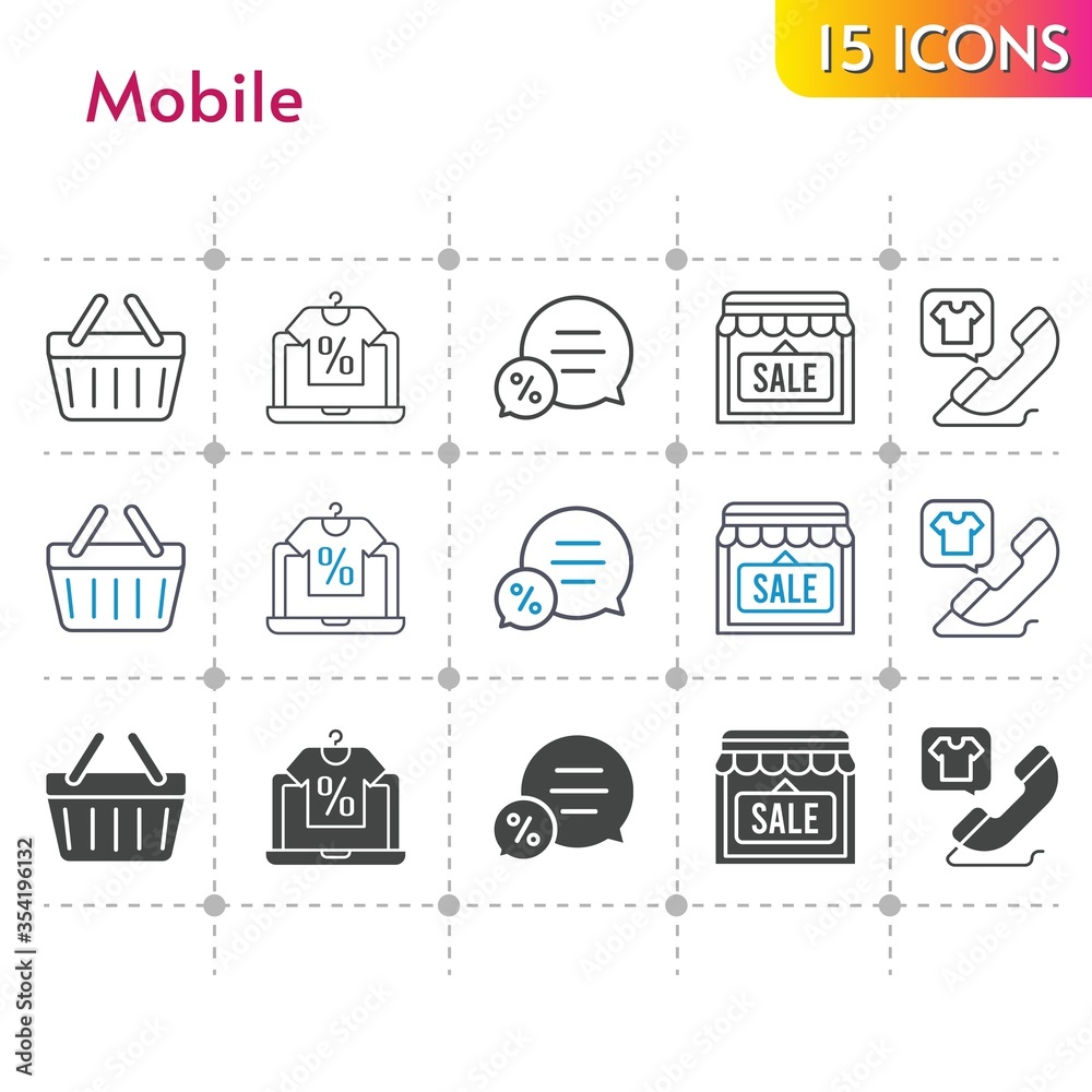 mobile icon set. included online shop, shop, chat, phone call, shopping-basket, shopping basket icons on white background. linear, bicolor, filled styles.