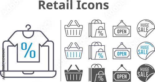 retail icons icon set included online shop, shopping bag, sale, shopping-basket, shopping basket, open icons