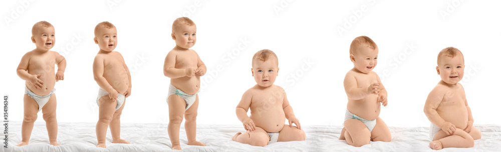 Collage with cute little baby on white background Collage with cute little baby on white background