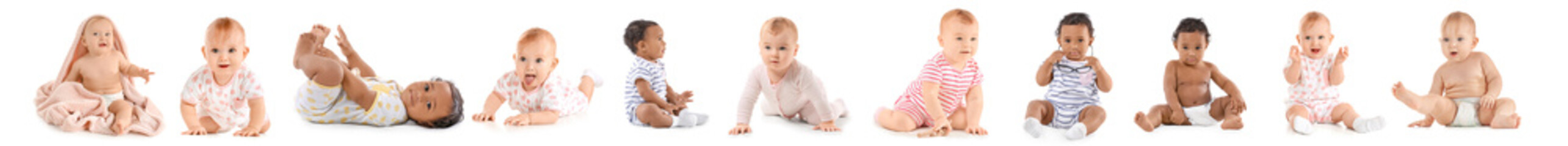 Collage with cute little babies on white background