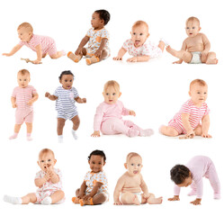 Collage with cute little babies on white background