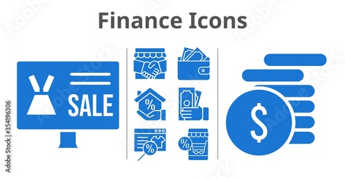 finance icons set. included online shop, handshake, mortgage, wallet, money icons. filled styles.
