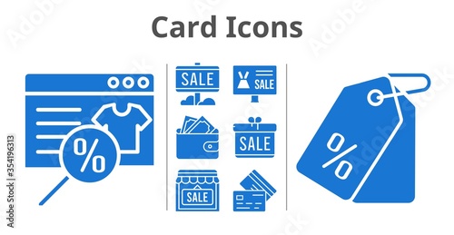 card icons set. included gift, online shop, sale, wallet, shop, price tag, credit card icons. filled styles.
