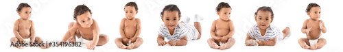 Photographie Collage with cute African-American baby on white background