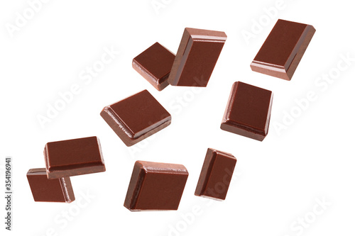 chocolate  flying  pieces in the air on a white background collection .Clipping path.