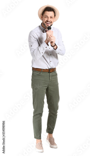 Handsome man singing agains...