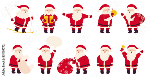Santa Claus cute Christmas flat cartoon set. Collection funny happy character with gift, bag or skiing, toy, speech bubble or list. Different emotions santa and New Year objects. Vector illustration