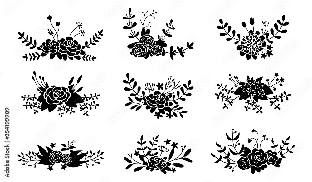 Floral composition set, flower branch black glyph. Abstract wedding beautiful floral design elements. Colorful flat cartoon garden eco collection. Engravings isolated flowers. Vector illustration