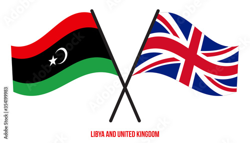 Libya and United Kingdom Flags Crossed And Waving Flat Style. Official Proportion. Correct Colors