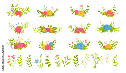 Floral composition set, flower branch and leaf. Abstract romantic beautiful design elements. Colorful flat cartoon eco collection. Isolated flowers, branches and leaves. Vector illustration © neliakott