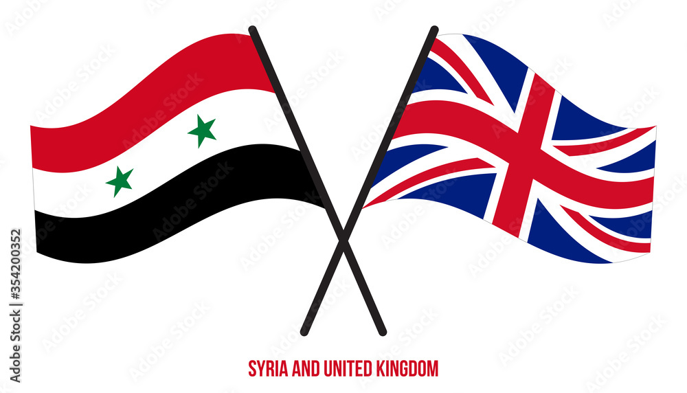 Syria and United Kingdom Flags Crossed And Waving Flat Style. Official Proportion. Correct Colors