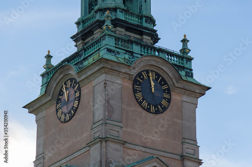 Close up view of the tower of Saint Nicholas Church or Storkyrkan, Stockholm, Sweden.