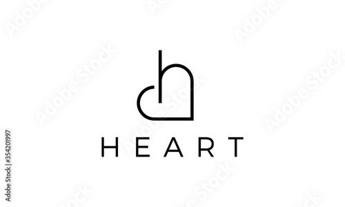 initial H with love or heart and line style logo design concept