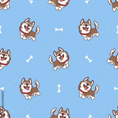 Cute brown siberian husky dog cartoon seamless pattern, vector illustration