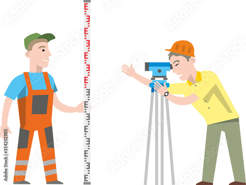 Geodetic works: an engineer surveyor works with theodolite surveying equipment. Flat infographics. Vector illustration