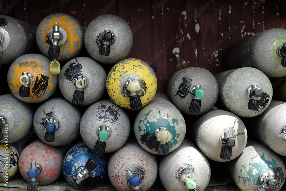 Abstract and color of deep sea diving oxygen tanks on a Costa Rica