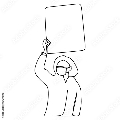 Young woman protesters rises a signboard. Continuous single line vector illustration
