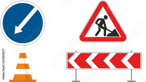 Set of road signs that are used in construction: direction of turn, detour obstacles, repairs, restrictive cone. Flat infographics. Vector illustration