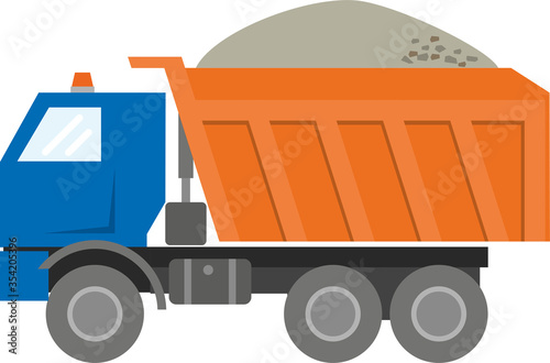 Construction machinery: orange kamaz isolated on a white background. Heavy duty powerful lorry dump truck for work on a construction site and in a quarry. Flat infographics. Vector illustration