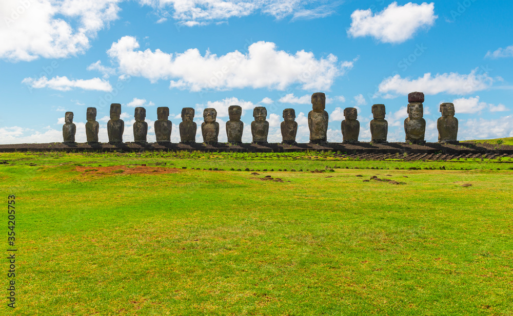 Ahu Tongariki and its 15 Moai during the day, Rapa Nui (Easter Island), Chile.