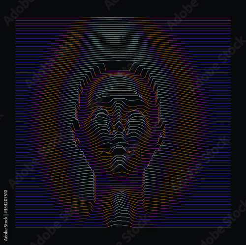 Silhouette of 3d holographic head extruded from lines. Graph made of cuves in form of human face. Futuristic hi-tech style illustration of Artificial intelligence and Robotics concept.