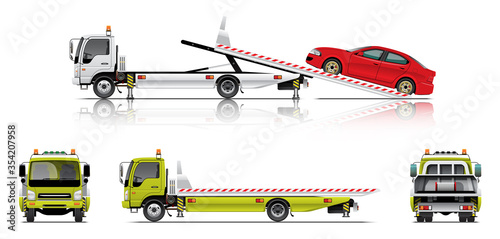 VECTOR EPS10 - white tow truck sliding red car, roadside assistance, isolated on white background.