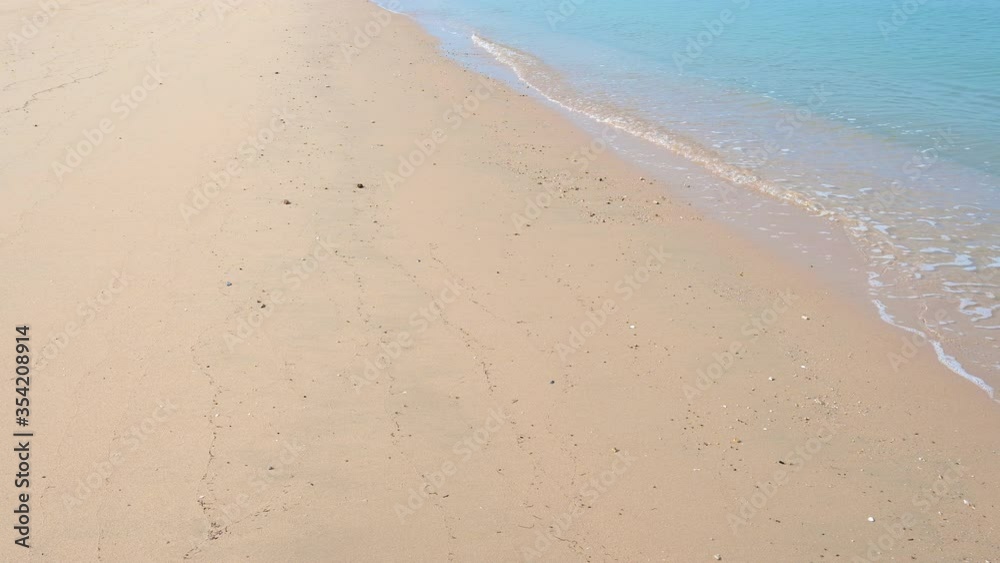 Soft wave with blue ocean on sandy beach with 4K resolution. Empty space can be used as background for display or montage your top view products. Soft wave with blue ocean on sandy beach with 4K resolution. Empty space can be used as background for display or montage your top view products.
