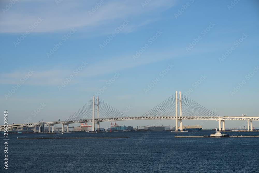 Yokohama Bay Bridge connecting Honmoku Pier and Daikoku Pier. The landmark symbolic of Yokohama city.