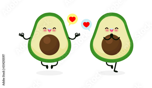 Cute cartoon Avocado in yoga pose, Eating healthy food and fitness, Funny fruit character happy strong avocado meditate in yoga pose isolated on white background vector illustration in flat style
