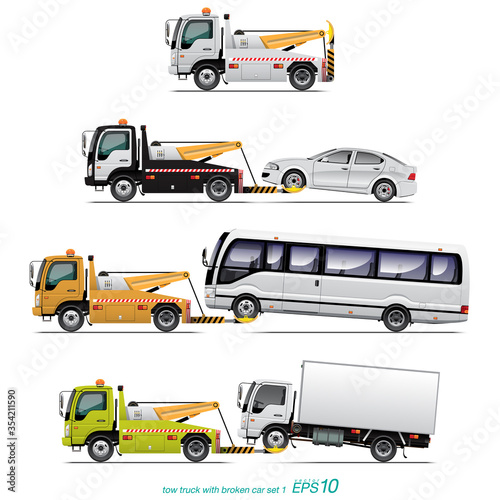 VECTOR EPS10 - set of tow truck and broken car, isolated on white background.