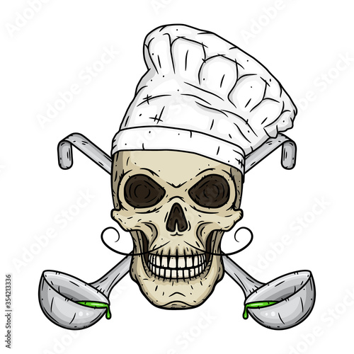 Chef skull. Skull in toque with crossed serving spoon.