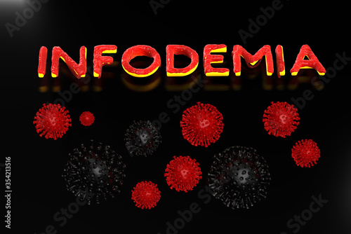 Infodemia lettering concept about pandemia and false information with coronavirus covid-19. 3d illustration isolated on black background with cells photo