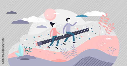 Kids creativity vector illustration. Child imagination tiny persons concept