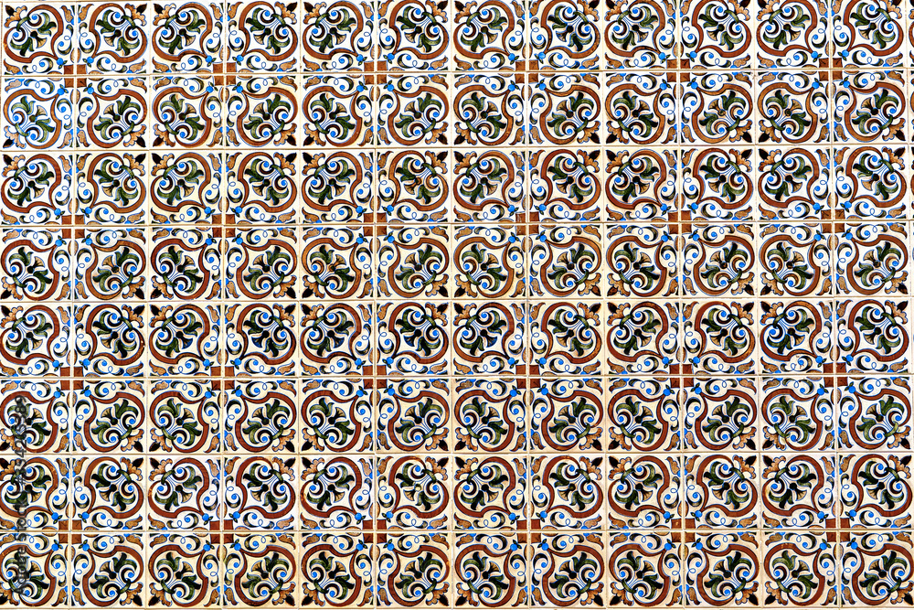Typical traditional portuguese ceramic titles -Azulejo blue and white ornament, facade wall in Portugal