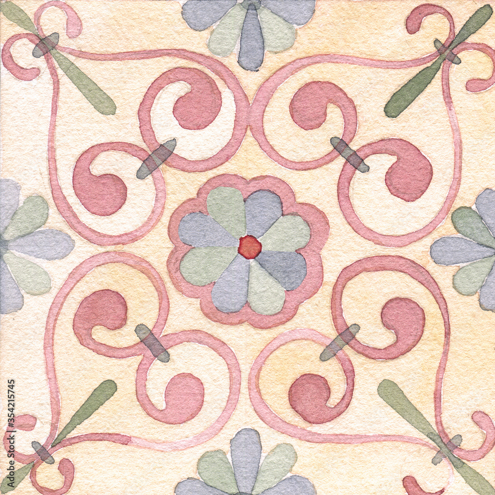 Watercolor hand painted tiles in moroccan style. Vuntage tiles. Ornamental elements. Retro tiles. Wall stiickers tiles