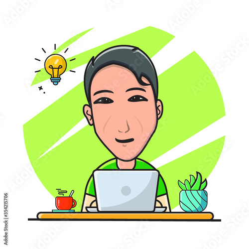Man cartoon character work and study from home with laptop