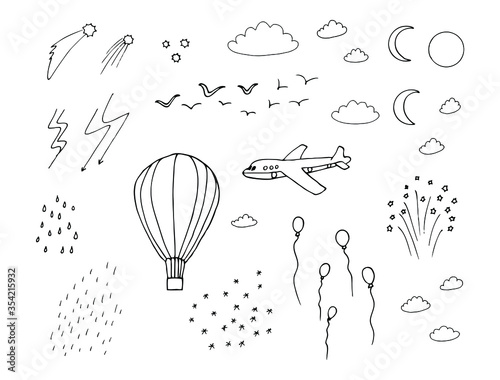 birds, plane, moon, clouds, stars, hot air balloon, snow, comet in the sky, hand drawn vector illustration