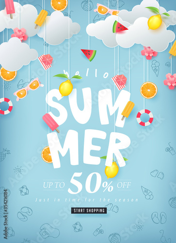Summer sale design with paper cut summer elements hanging on clouds background.Vector illustration template.