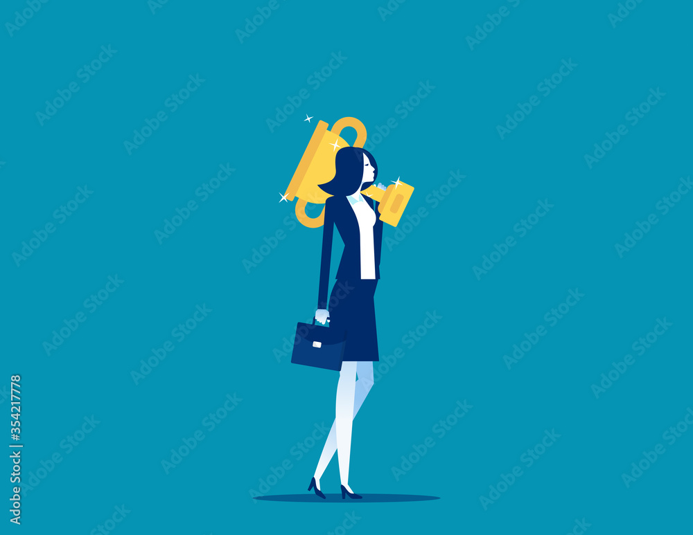 Businesswoman carry big trophy cup for winner. Business successful vector illustration concept