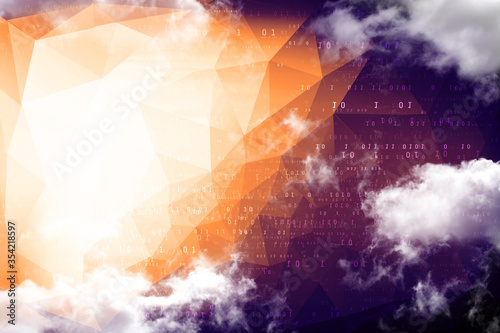 Cloud network in abstract technology background. Cloud networking concept in low poly abstract background filled with binaries and clouds. Futuristic background