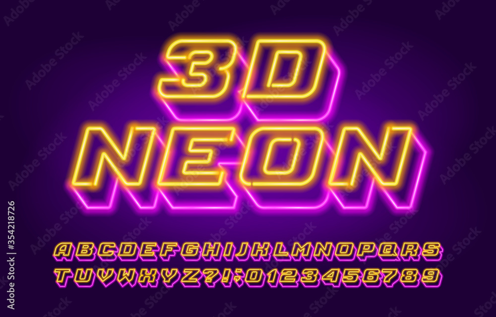 Obraz premium 3D Neon alphabet font. Yellow and pink neon light letters and numbers. Stock vector typescript for your design.